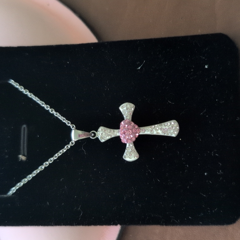 Crystal Cross Charm With Pink Heart Stainless Steel